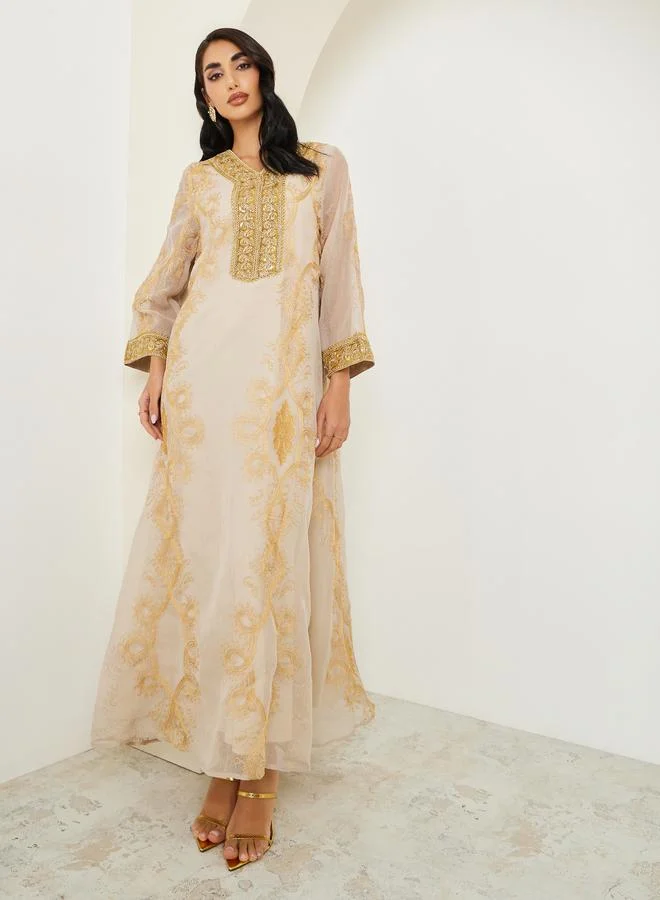 Women Embellished Lace Trim Jalabiya